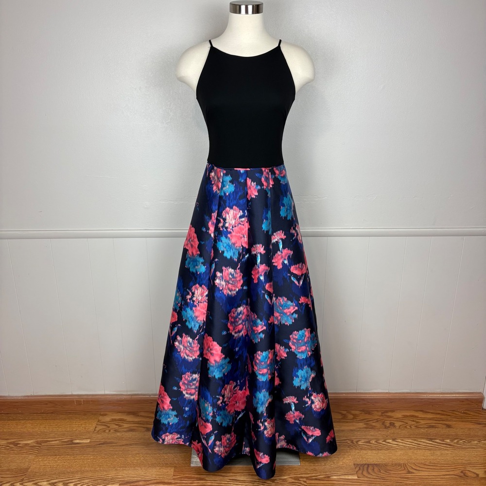 Aidan Mattox Full Length Ball Gown Sz 4 Black Top Blue Floral Skirt Formal Dress